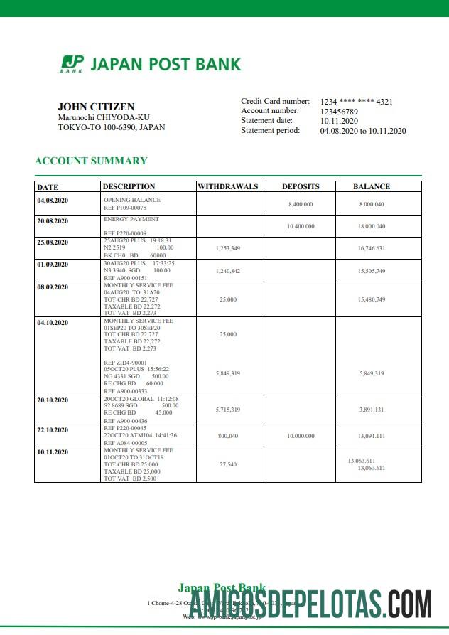 Modelo de extrato bancário do Japão Post em branco em formato Word e PDF, bom para comprovação de endereço